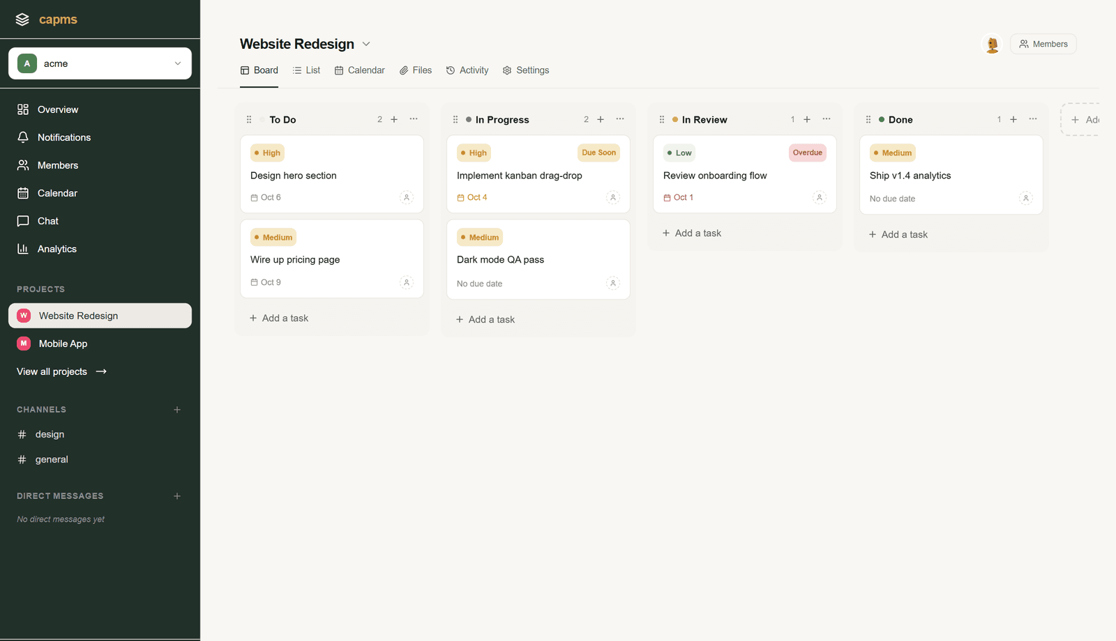 capms project board with columns and tasks