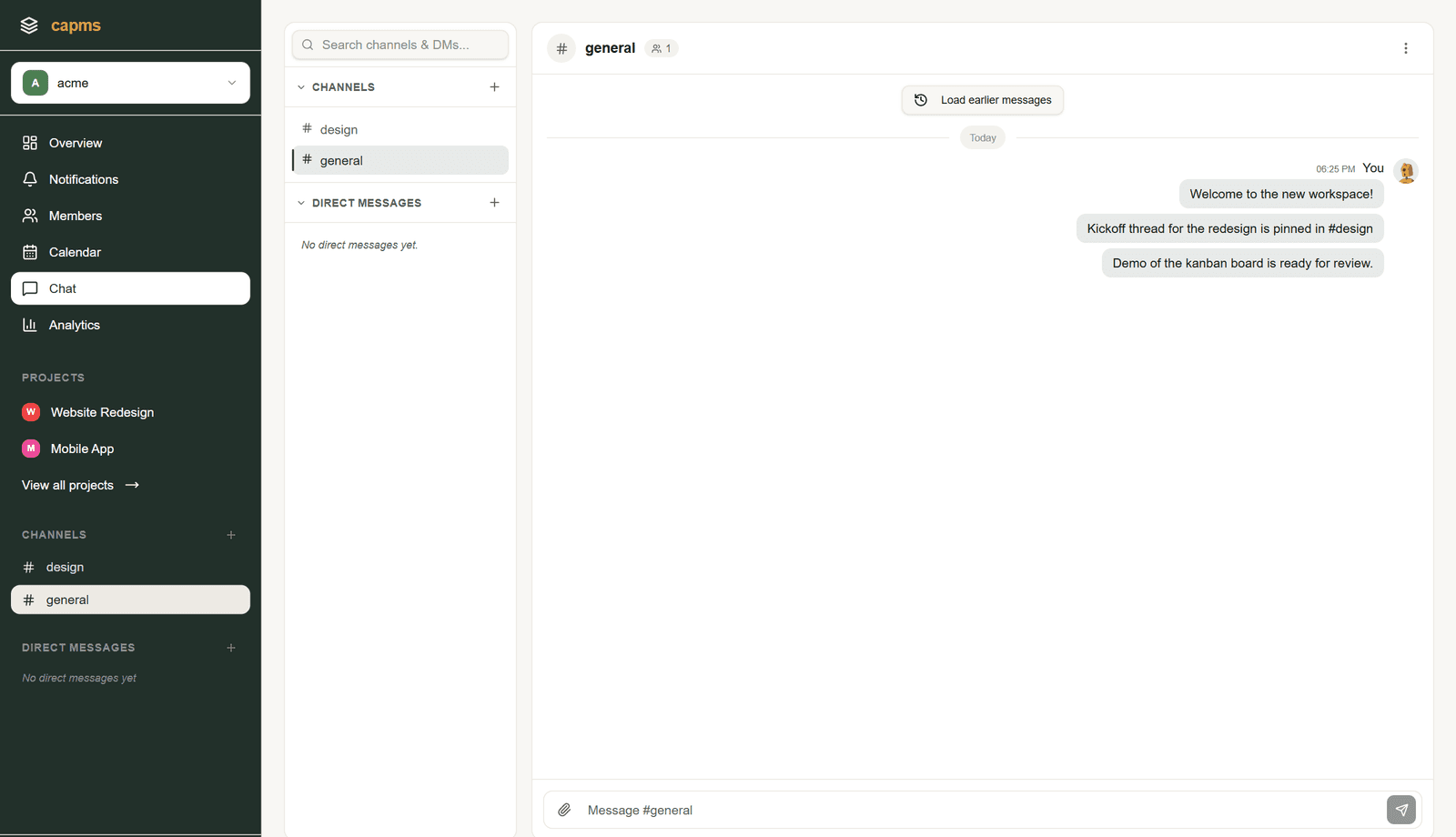 Team chat channel with message threads in capms