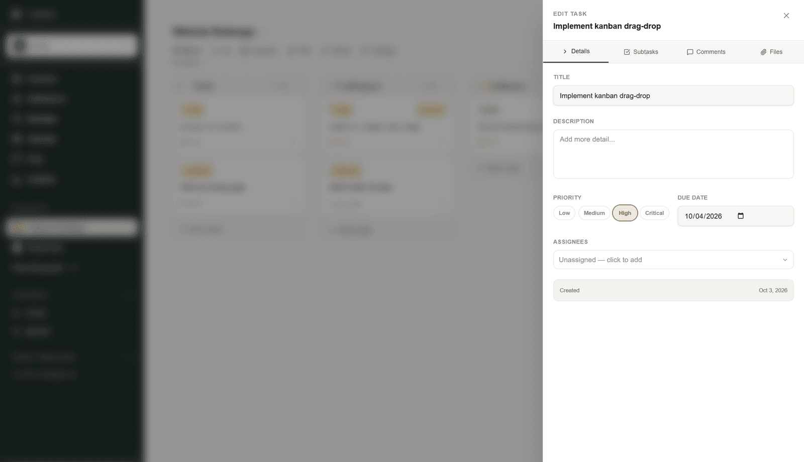 Task drawer showing priority, due date, assignees, and file tabs in capms